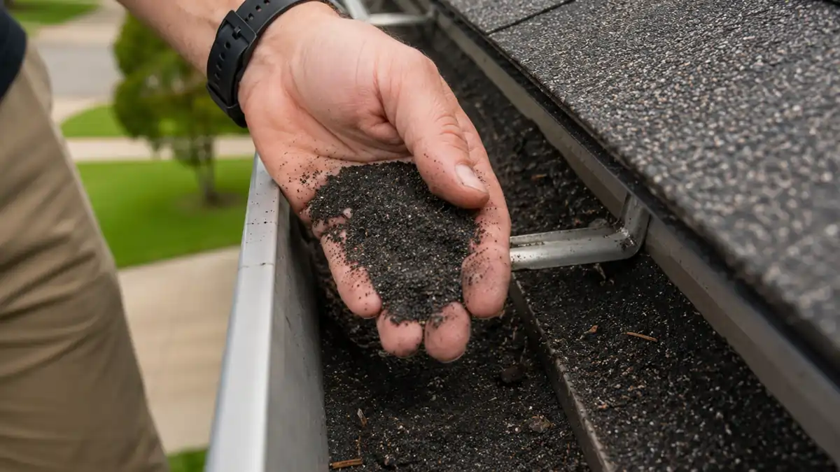 Crown Town Restoration technician showcasing large shingle granule build-up in a Kansas City home's gutter system.