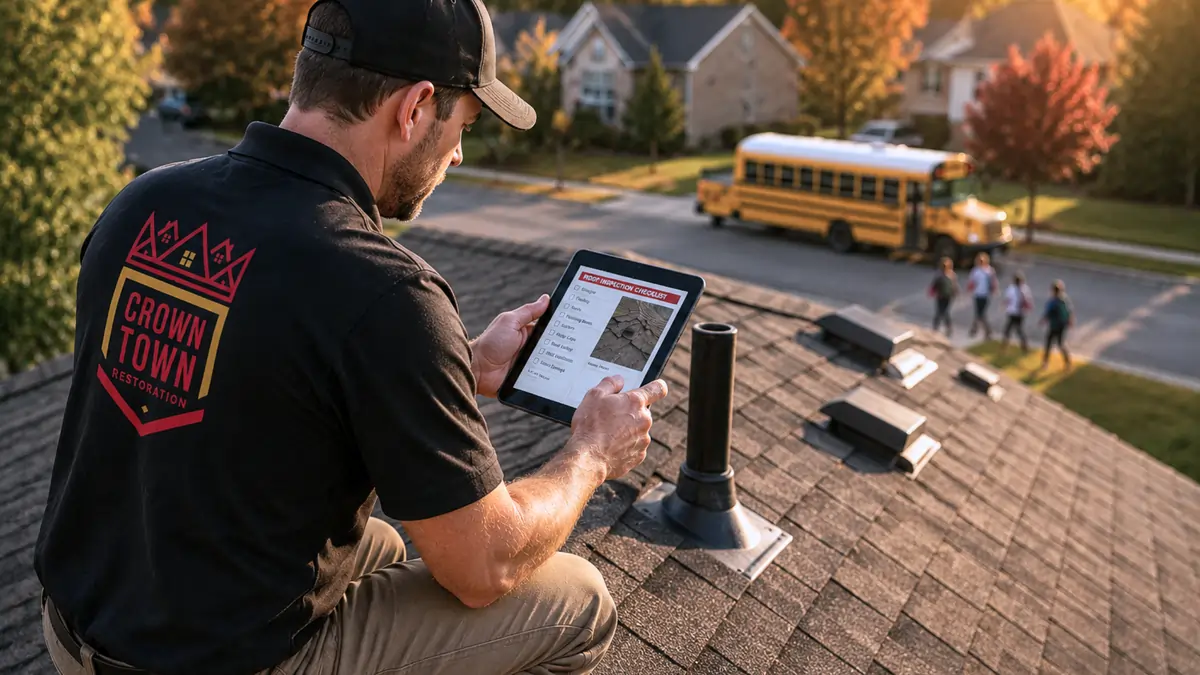 Crown Town Restoration technician atop a Kansas City home roof, consulting a tablet during a roof inspection.