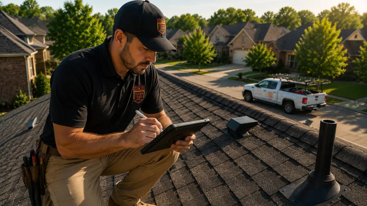 Crown Town Restoration technician, kneeling on the roof of a Kansas City home while writing notes on a tablet.