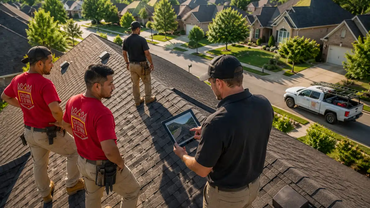 Team of Crown Town Restoration technicians on a Kansas City home roof, performing a comprehensive roof inspection.