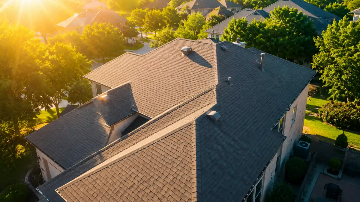 Aerial view of a Kansas City home's roof in the morning light.
