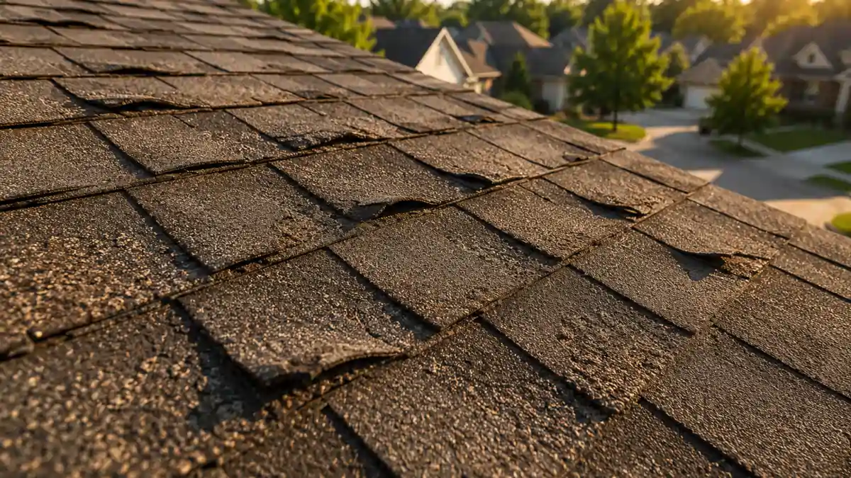 Heat-damaged asphalt shingles showing curling and UV wear in Kansas City summer.