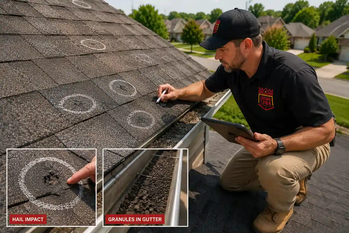 Crown Town Restoration technician marking damaged areas on a Kansas City home's roof in chalk.